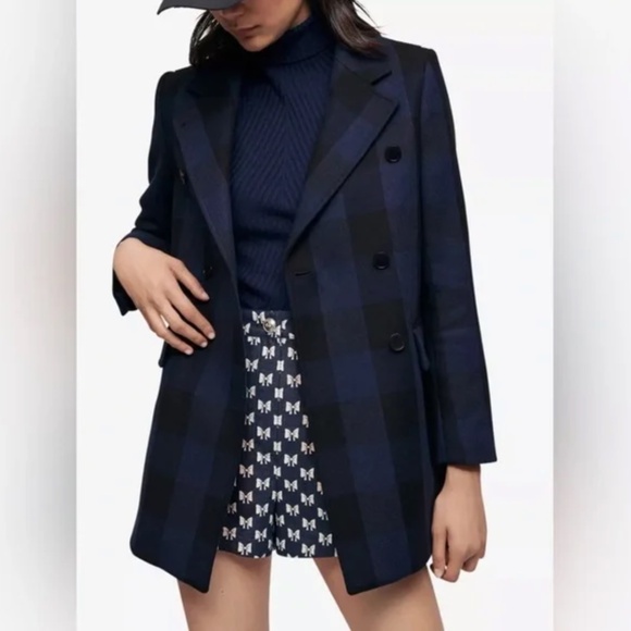 NWT $525 MAJE GOLDAN COAT in a Black / Navy Checkered Print - size 34 / US XS! - Picture 3 of 9